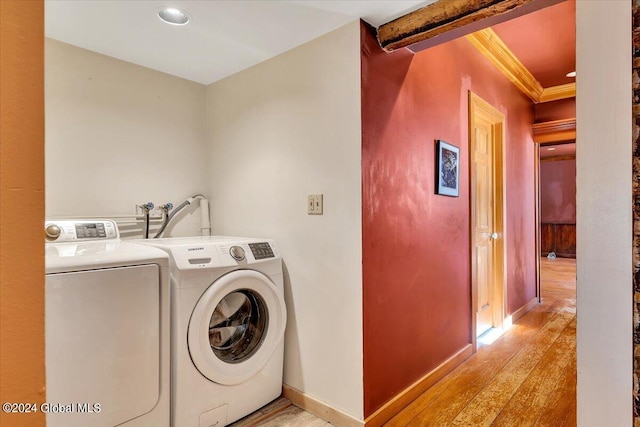 399 Loch Muller Rd, Schroon, NY 12870 - laundry area featuring washing machine and clothes dryer, light wood finished floors, baseboards, ornamental molding, and recessed lighting