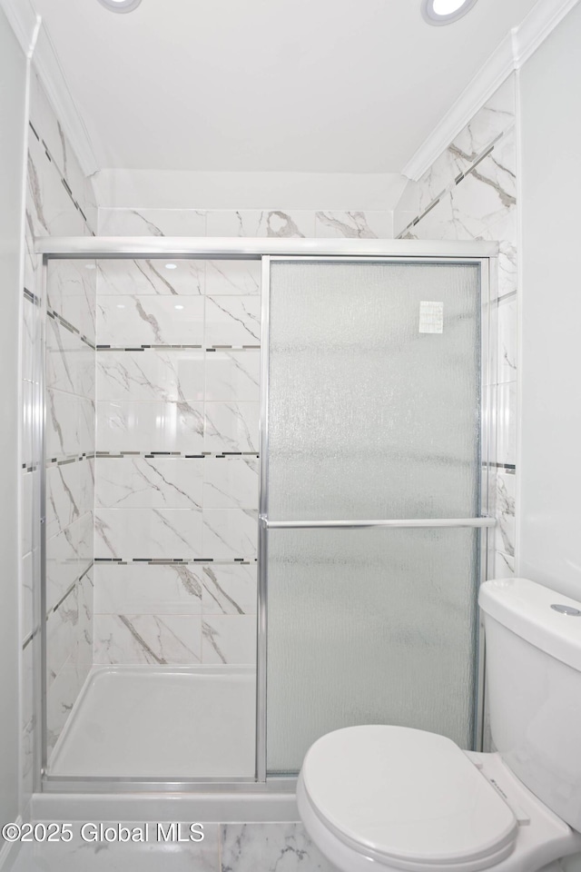 35 Wallace St, Scotia, NY 12302 - full bathroom featuring toilet, a stall shower, and marble look tiles