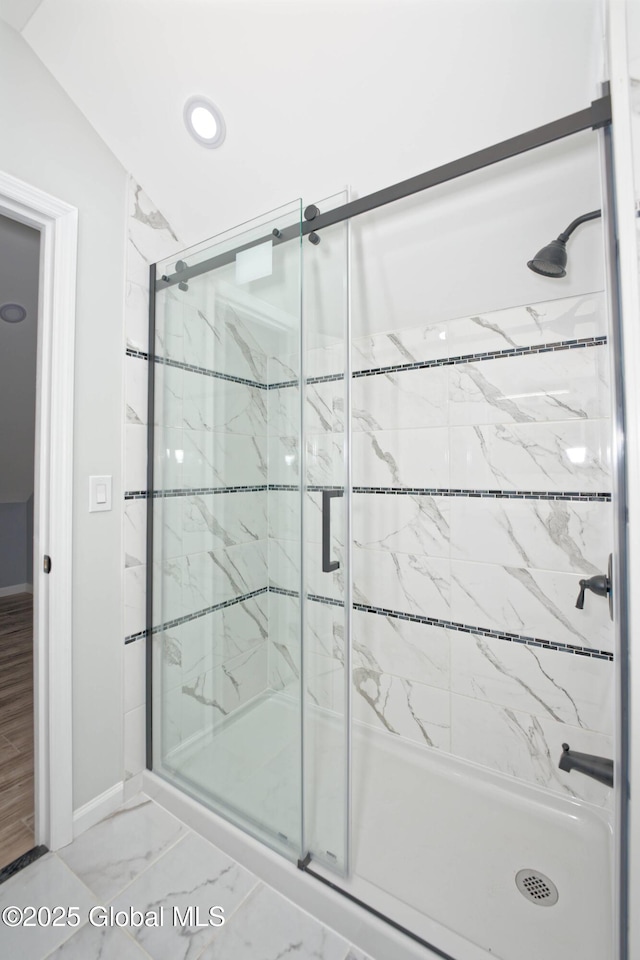 35 Wallace St, Scotia, NY 12302 - bathroom featuring a marble finish shower, marble finish floors, baseboards, and recessed lighting