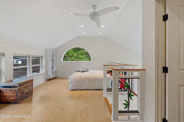 406 Northern Pines Rd, Wilton, NY 12831 - bedroom featuring hardwood / wood-style floors, vaulted ceiling, and a ceiling fan