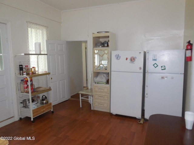114 Washington St, Sharon Springs, NY 13459 - kitchen with freestanding refrigerator, wood finished floors, and ornamental molding