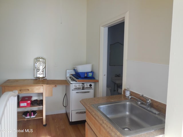 114 Washington St, Sharon Springs, NY 13459 - kitchen with a sink, white range with gas cooktop, and wood finished floors