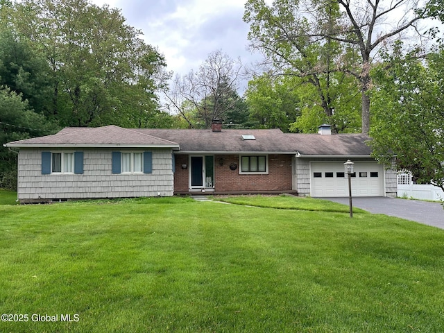 5 Wincrest Dr, Queensbury, NY 12804 - ranch-style house featuring driveway, a garage, a chimney, a front lawn, and a shingled roof