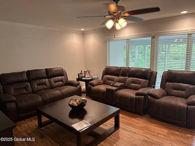 5 Wincrest Dr, Queensbury, NY 12804 - living room with ceiling fan, light wood-style flooring, crown molding, and recessed lighting