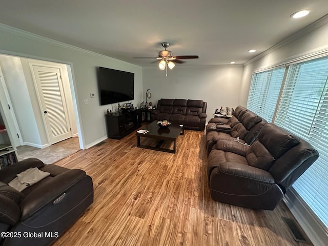 5 Wincrest Dr, Queensbury, NY 12804 - living area featuring ceiling fan, ornamental molding, wood finished floors, baseboards, and recessed lighting