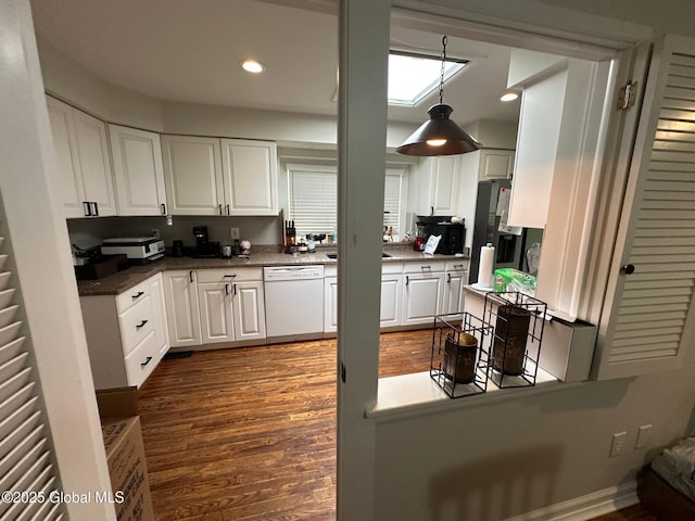 5 Wincrest Dr, Queensbury, NY 12804 - kitchen featuring dishwasher, fridge with ice dispenser, white cabinetry, dark wood-style flooring, and recessed lighting