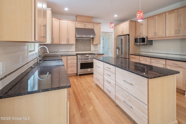 45 Tamarack Ln, Colonie, NY 12309 - kitchen with high quality appliances, light brown cabinetry, under cabinet range hood, light wood-style floors, and recessed lighting