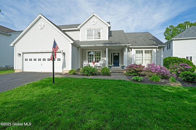 4 Flying Dutchman Way, Saratoga Springs, Outside, NY 12866 - traditional-style home featuring covered porch, asphalt driveway, a front lawn, and a garage