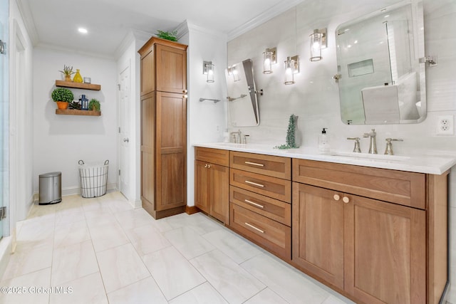 41 Tipperary Way, Clifton Park, NY 12019 - full bath with double vanity, ornamental molding, a shower stall, and baseboards