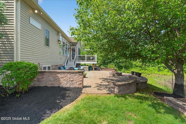 19 Hidden Farm Ln, Halfmoon, NY 12118 - view of grassy yard with a patio, an outdoor fire pit, a wooden deck, and stairs