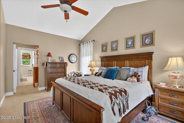 19 Hidden Farm Ln, Halfmoon, NY 12118 - bedroom with light colored carpet, baseboards, a ceiling fan, and high vaulted ceiling
