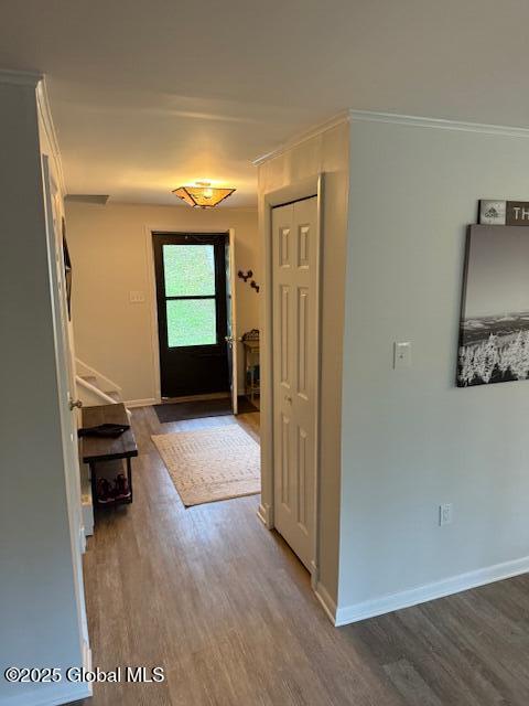 30 Freebern Rd Unit 30C, Johnsburg, NY 12853 - foyer entrance with dark wood finished floors, baseboards, and ornamental molding
