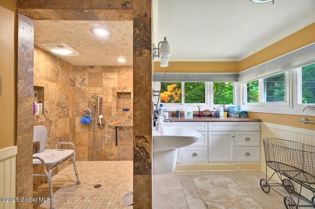 8 Adams Ave, East Greenbush, NY 12144 - full bathroom with crown molding, a walk in shower, tile patterned floors, and a wainscoted wall