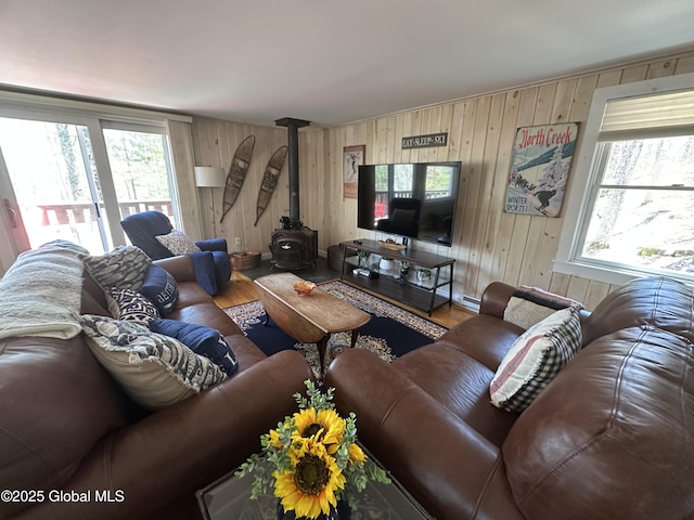 34 Park Rd, Johnsburg, NY 12843 - living room featuring wooden walls, a wood stove, wood finished floors, and plenty of natural light