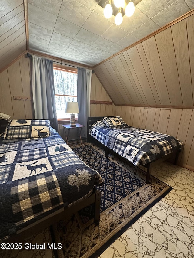 34 Park Rd, Johnsburg, NY 12843 - bedroom featuring wooden walls and vaulted ceiling