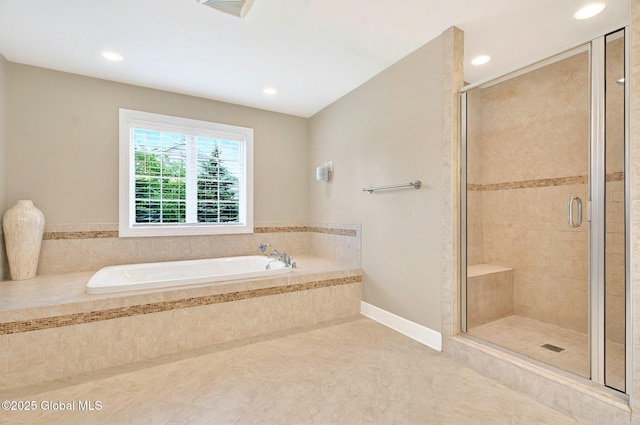 779 Waldens Pond, Guilderland, NY 12203 - full bathroom featuring a garden tub, a shower stall, tile patterned floors, and recessed lighting