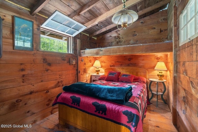 429 Posson Hill Rd, Middleburgh, NY 12122 - bedroom with wood ceiling, wood walls, and hardwood / wood-style flooring