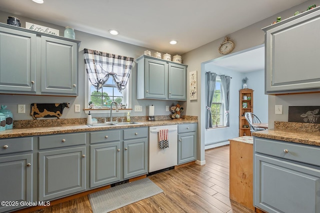 19 Lentine Way, Hebron, NY 12865 - kitchen with dishwasher, a sink, gray cabinetry, light wood-style floors, and recessed lighting