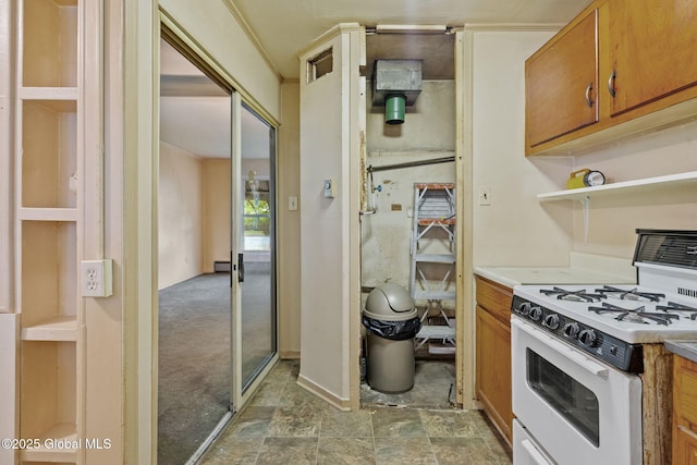 393 Whitehall Rd, Albany, NY 12208 - kitchen featuring gas range gas stove, brown cabinets, light countertops, and open shelves