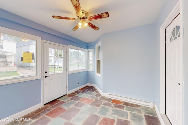 1813 Ave A, Schenectady, NY 12308 - doorway with baseboard heating, baseboards, stone finish floors, and ceiling fan