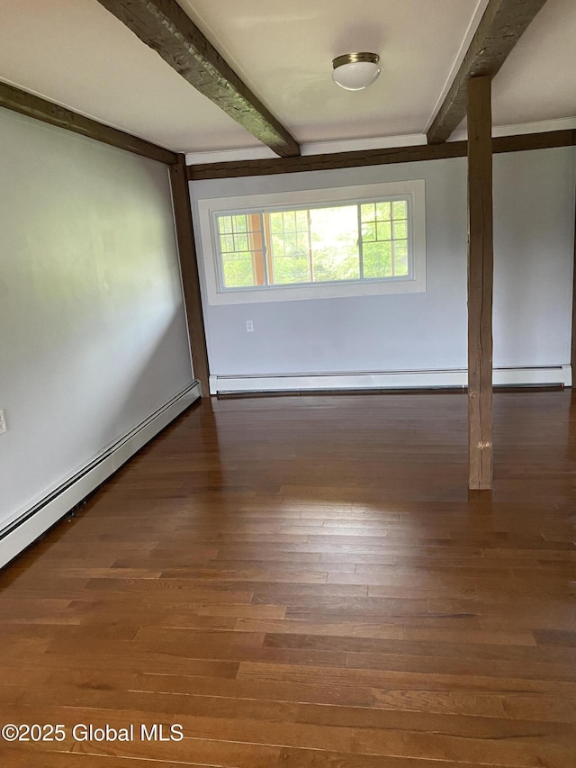162 Garnet Lake Rd, Thurman, NY 12885 - empty room featuring beamed ceiling, wood finished floors, a baseboard radiator, and baseboards