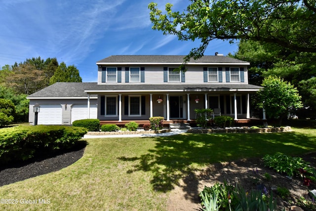 110 Old Coach Rd, Clifton Park, NY 12065 - colonial inspired home featuring a garage, a porch, and a front lawn