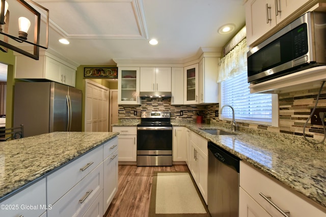 110 Old Coach Rd, Clifton Park, NY 12065 - kitchen featuring appliances with stainless steel finishes, a sink, under cabinet range hood, white cabinets, and decorative backsplash