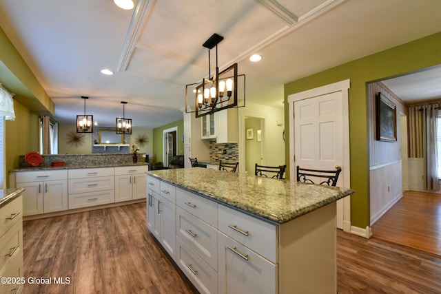 110 Old Coach Rd, Clifton Park, NY 12065 - kitchen featuring a chandelier, dark wood-style flooring, white cabinetry, a center island, and recessed lighting