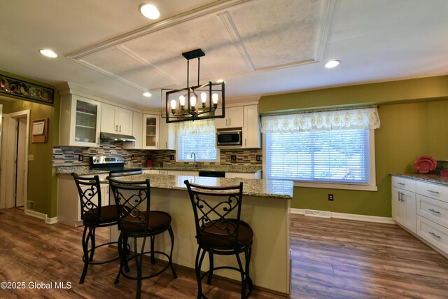 110 Old Coach Rd, Clifton Park, NY 12065 - kitchen with appliances with stainless steel finishes, tasteful backsplash, a kitchen breakfast bar, recessed lighting, and dark wood-style floors