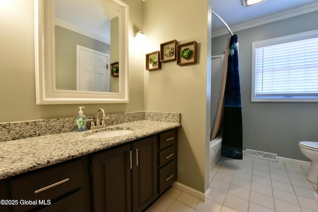110 Old Coach Rd, Clifton Park, NY 12065 - full bath with vanity, ornamental molding, toilet, baseboards, and shower / bathtub combination with curtain