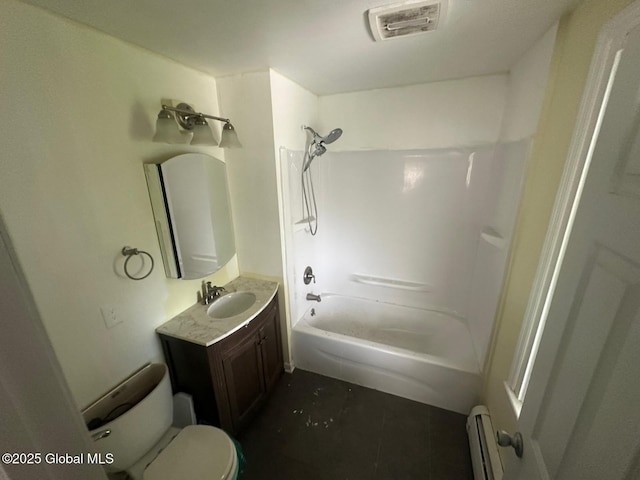 4 Ball Pl, Watervliet, NY 12189 - bathroom featuring a baseboard heating unit, toilet, vanity,  shower combination, and tile patterned floors