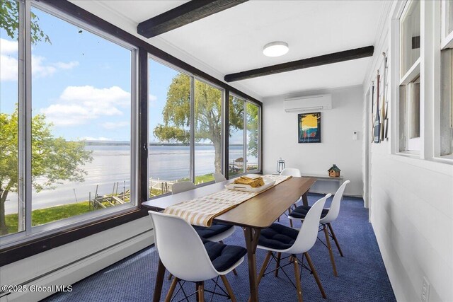 527 Nys Route 9p, Stillwater, NY 12866 - sunroom with a water view, beam ceiling, an AC wall unit, plenty of natural light, and carpet floors