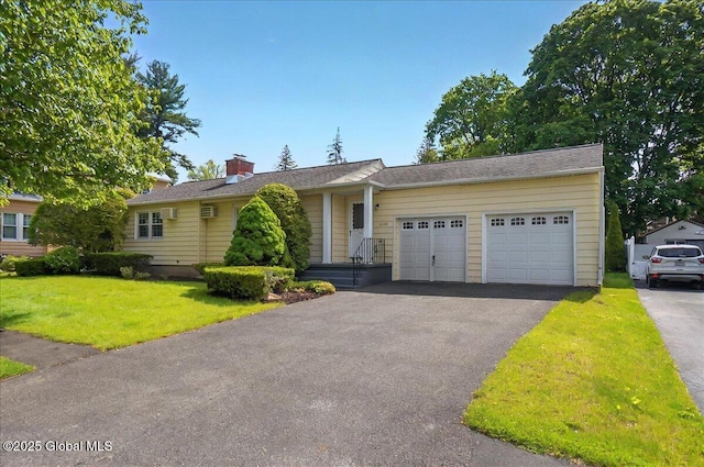 1324 Keyes Ave, Schenectady, NY 12309 - ranch-style house featuring an attached garage, asphalt driveway, a front yard, and a chimney
