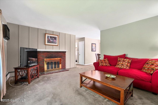 1324 Keyes Ave, Schenectady, NY 12309 - living room with carpet floors, a brick fireplace, and a wall mounted air conditioner