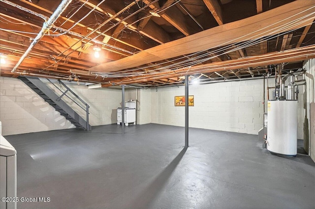 1324 Keyes Ave, Schenectady, NY 12309 - unfinished below grade area featuring water heater, stairs, and concrete block wall