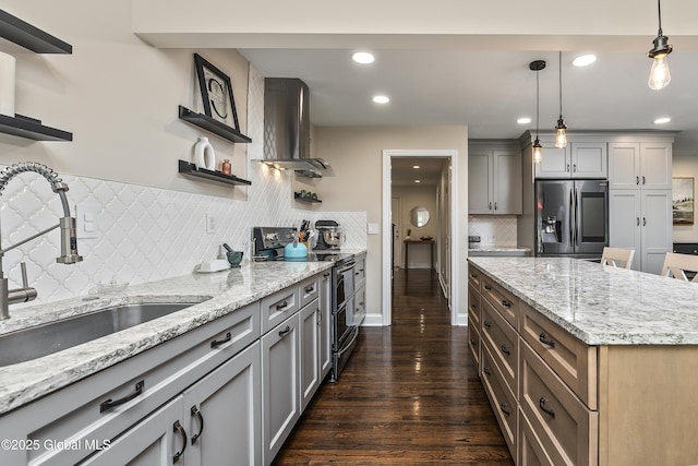 91 Gorman Rd, Menands, NY 12204 - kitchen with appliances with stainless steel finishes, a sink, open shelves, island exhaust hood, and backsplash