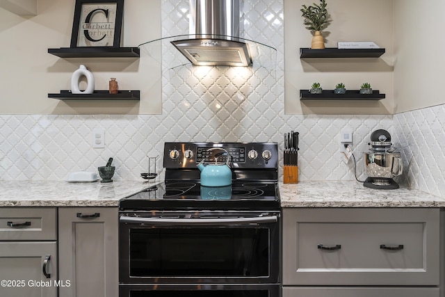 91 Gorman Rd, Menands, NY 12204 - kitchen with electric range, open shelves, gray cabinets, wall chimney range hood, and tasteful backsplash