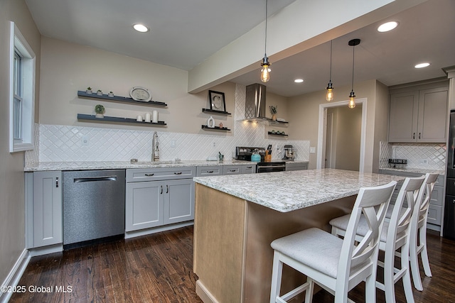 91 Gorman Rd, Menands, NY 12204 - kitchen featuring a sink, dishwasher, wall chimney exhaust hood, black / electric stove, and gray cabinetry