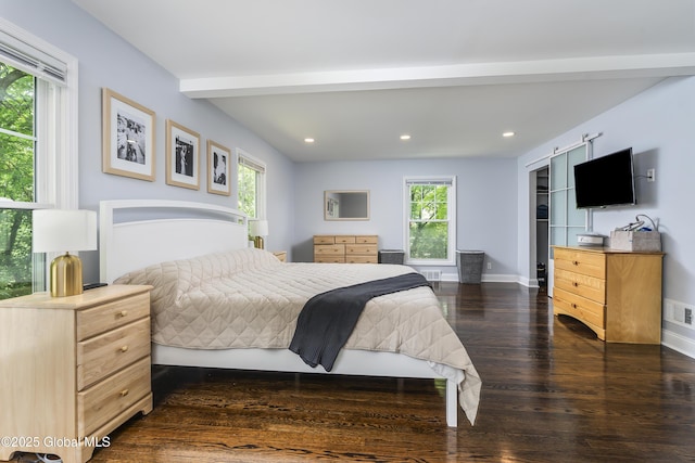 91 Gorman Rd, Menands, NY 12204 - bedroom featuring recessed lighting, beam ceiling, dark wood-style flooring, and baseboards