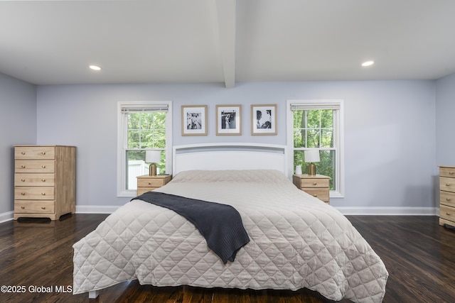 91 Gorman Rd, Menands, NY 12204 - bedroom featuring baseboards, multiple windows, dark wood-style floors, recessed lighting, and beamed ceiling