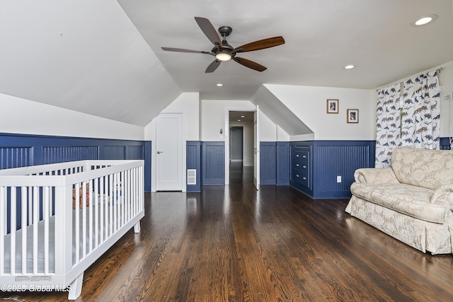 91 Gorman Rd, Menands, NY 12204 - bedroom featuring lofted ceiling, a wainscoted wall, wood finished floors, and ceiling fan