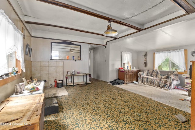 20 Vincek Ln, Wilton, NY 12866 - living room with carpet floors and beamed ceiling