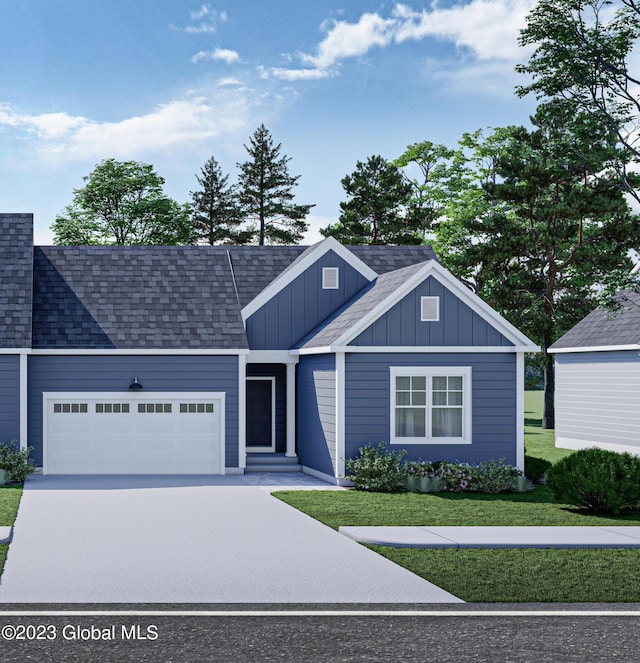 6 Anson Ct, Malta, NY 12020 - view of front of property with roof with shingles, a garage, board and batten siding, a front yard, and driveway