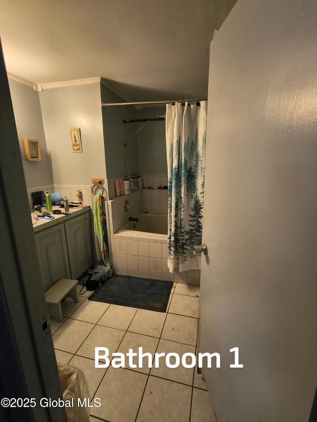 479 Junction Rd, Esperance, NY 12066 - bathroom featuring tile patterned flooring, tiled shower / bath combo, ornamental molding, and vanity