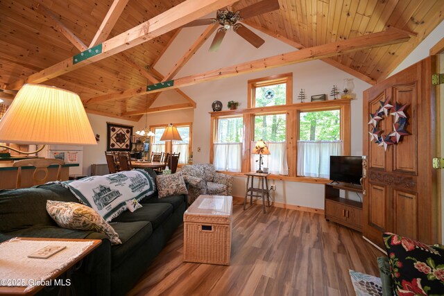 268 Dodd Hill Rd, Hague, NY 12836 - living area featuring light wood-style floors, wood ceiling with exposed beams, a ceiling fan, baseboards, and high vaulted ceiling