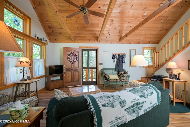 268 Dodd Hill Rd, Hague, NY 12836 - living room with wood ceiling, light wood-style floors, healthy amount of natural light, and stairway