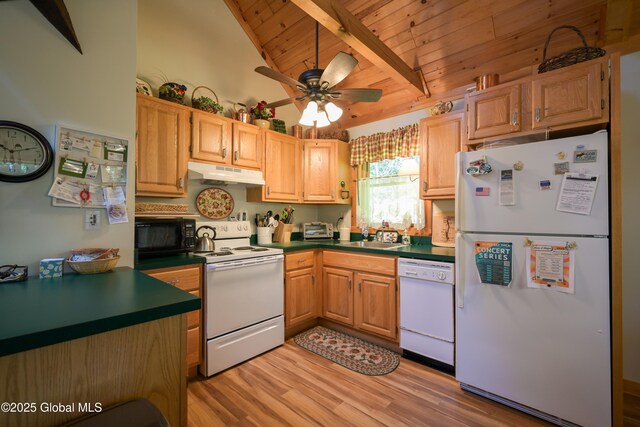 268 Dodd Hill Rd, Hague, NY 12836 - kitchen featuring white appliances, under cabinet range hood, dark countertops, wooden ceiling, and light wood finished floors