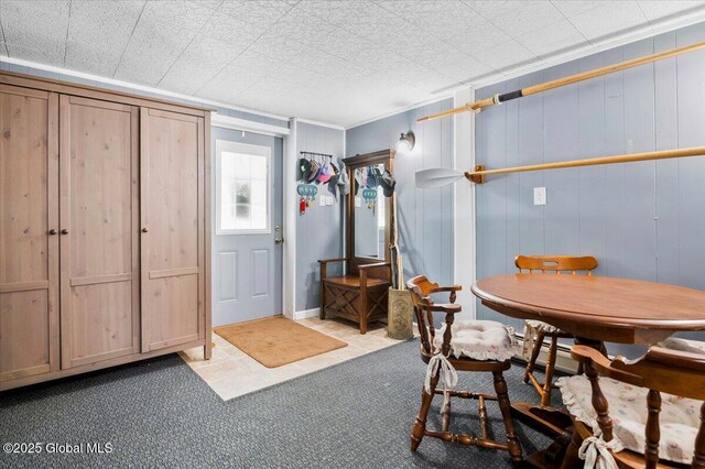 113 New Vermont Rd, Bolton, NY 12814 - carpeted dining space featuring tile patterned floors and a baseboard heating unit
