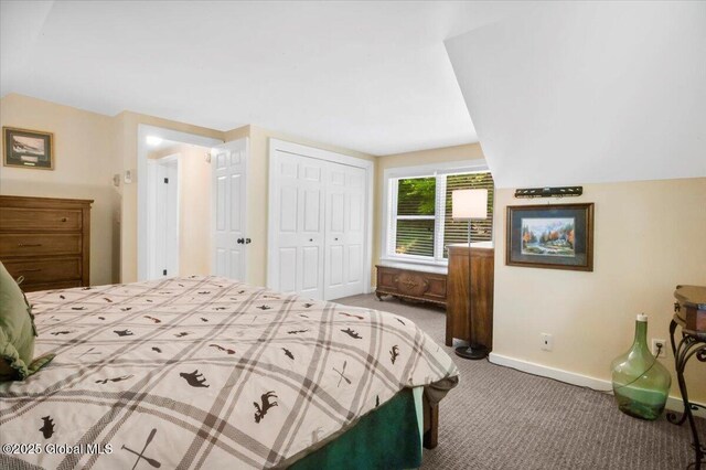 113 New Vermont Rd, Bolton, NY 12814 - bedroom with carpet floors, baseboards, a closet, and vaulted ceiling