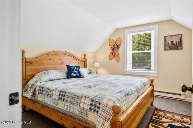 113 New Vermont Rd, Bolton, NY 12814 - carpeted bedroom featuring baseboard heating and lofted ceiling
